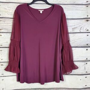 EST. 1946 Women's 18/20W Plum Long Sleeve Blouse Sheer Bell Sleeves Ruffle Trim